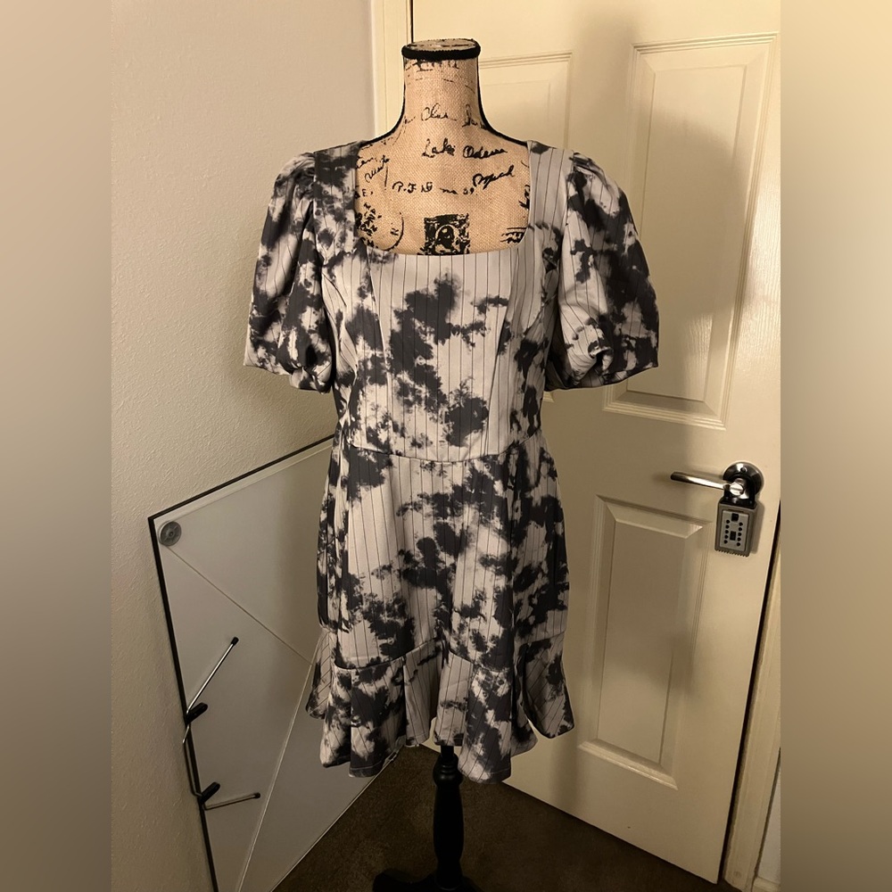 Jaded London puffy sleeve black gray printed dress UK 14 US 10 12